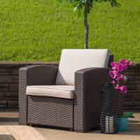 Flash Furniture DAD-SF1-1-GG Chocolate Brown Faux Rattan Chair with All-Weather Beige Cushion 